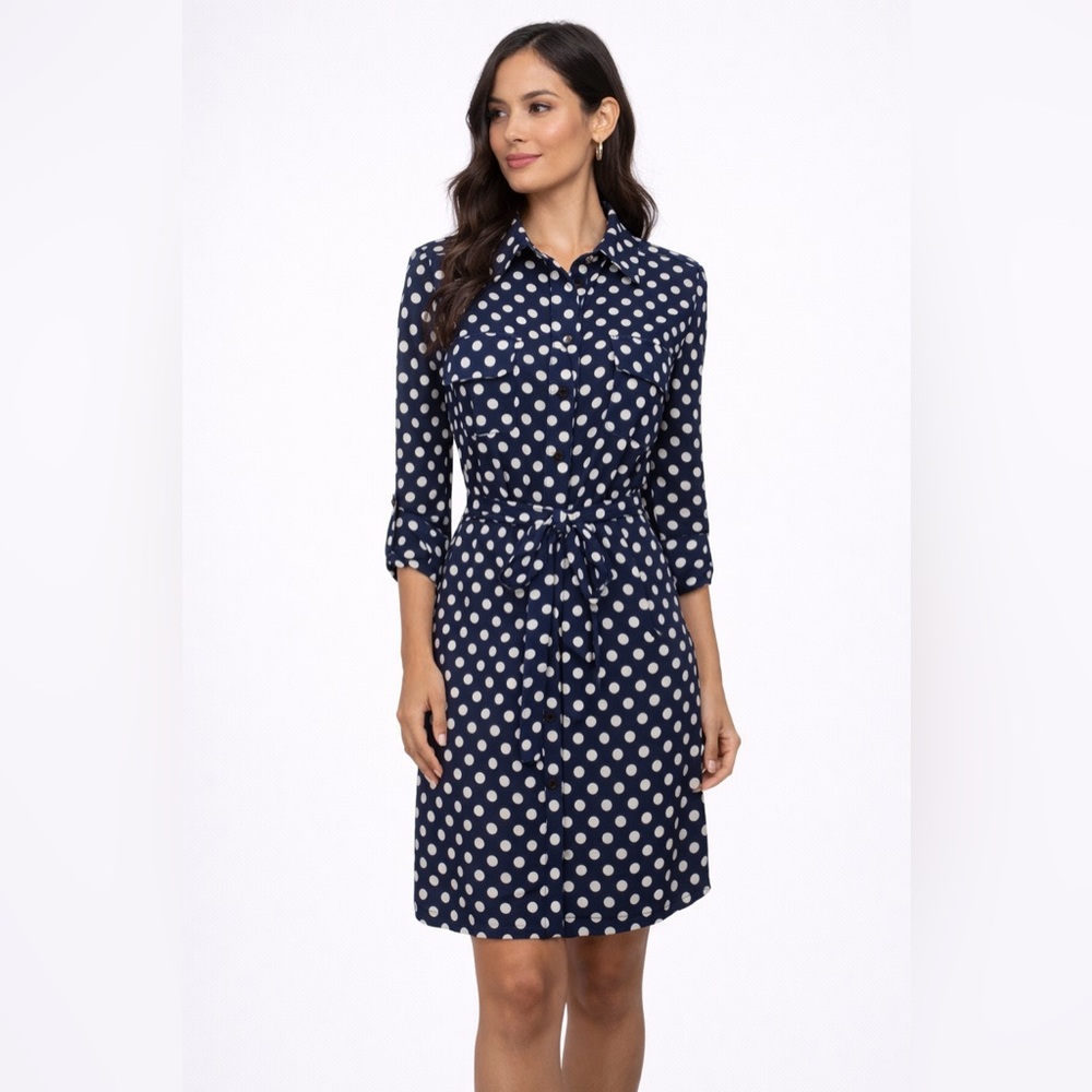 Dress Barn Polka Dot Shirt Dress Size 6 Navy Preppy Office Chic Classic